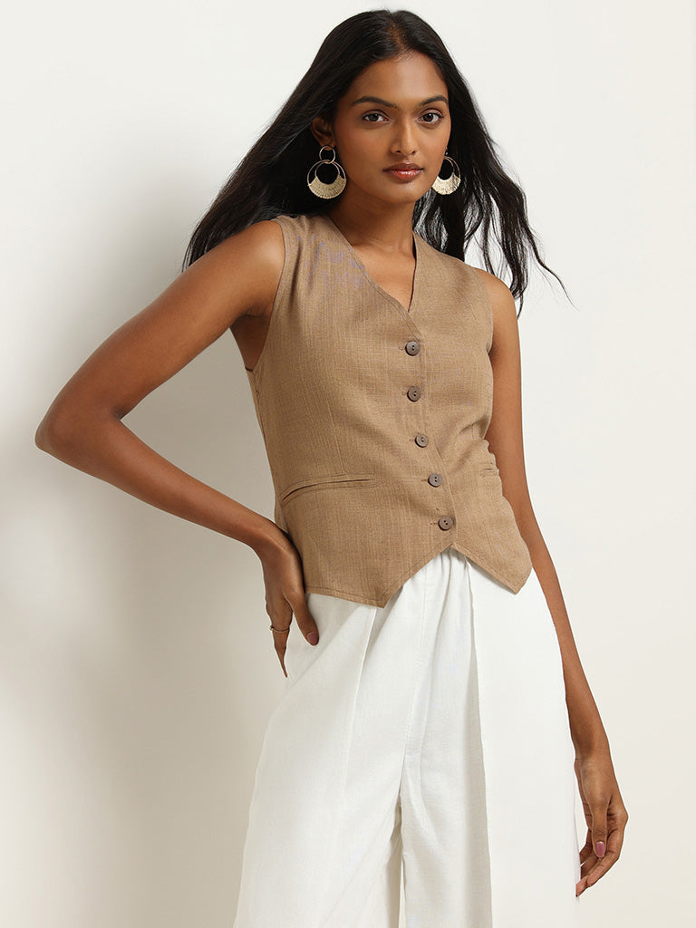 LOV Beige Blended Linen Top