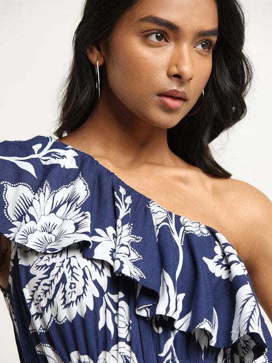 LOV Navy Floral One-Shoulder Jumpsuit