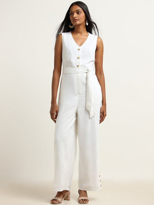 LOV White Blended Linen Jumpsuit with Belt