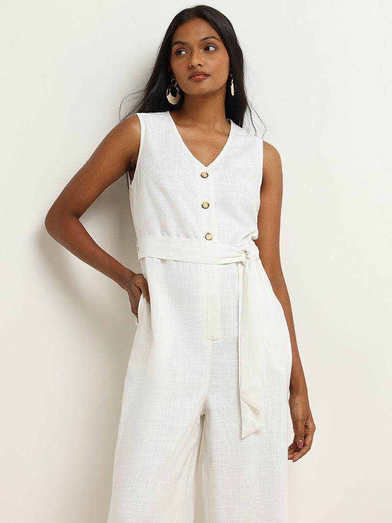 LOV White Blended Linen Jumpsuit with Belt