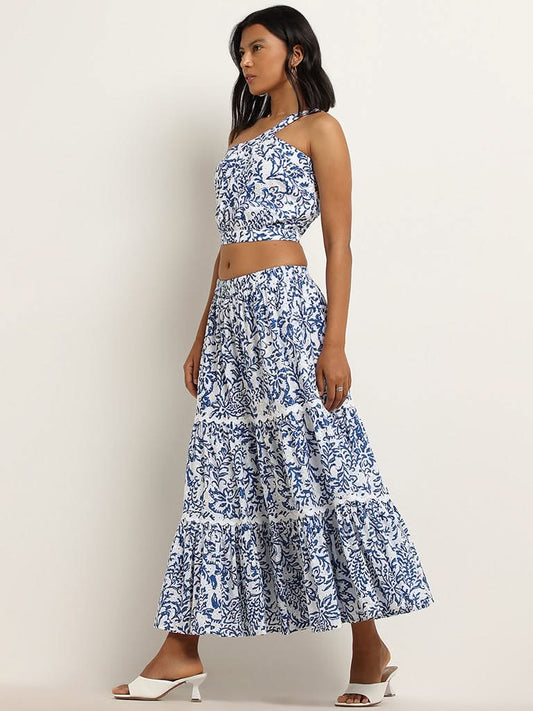 LOV Blue Printed Cotton Tiered Skirt