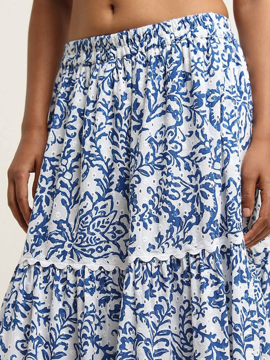 LOV Blue Printed Cotton Tiered Skirt