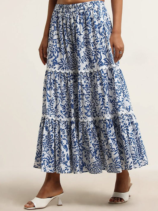 LOV Blue Printed Cotton Tiered Skirt