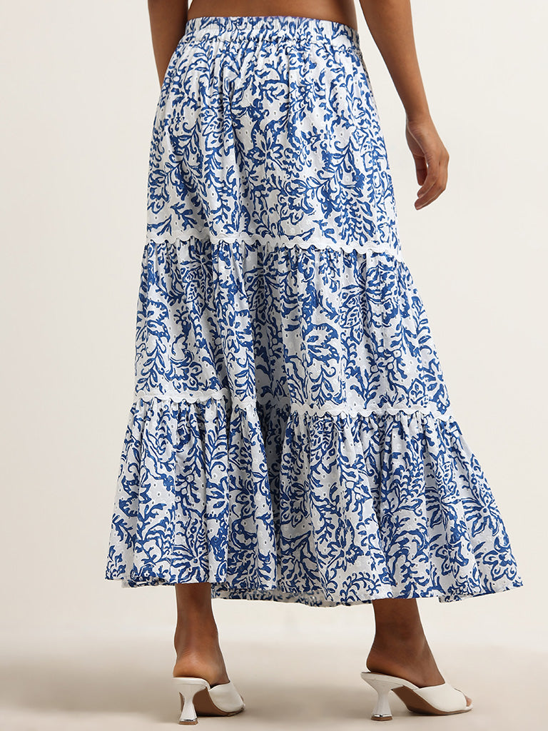 LOV Blue Printed Cotton Tiered Skirt