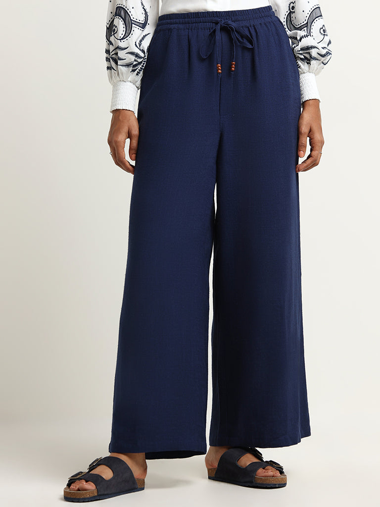 LOV Navy Solid Blended Linen Wide-Leg Pants