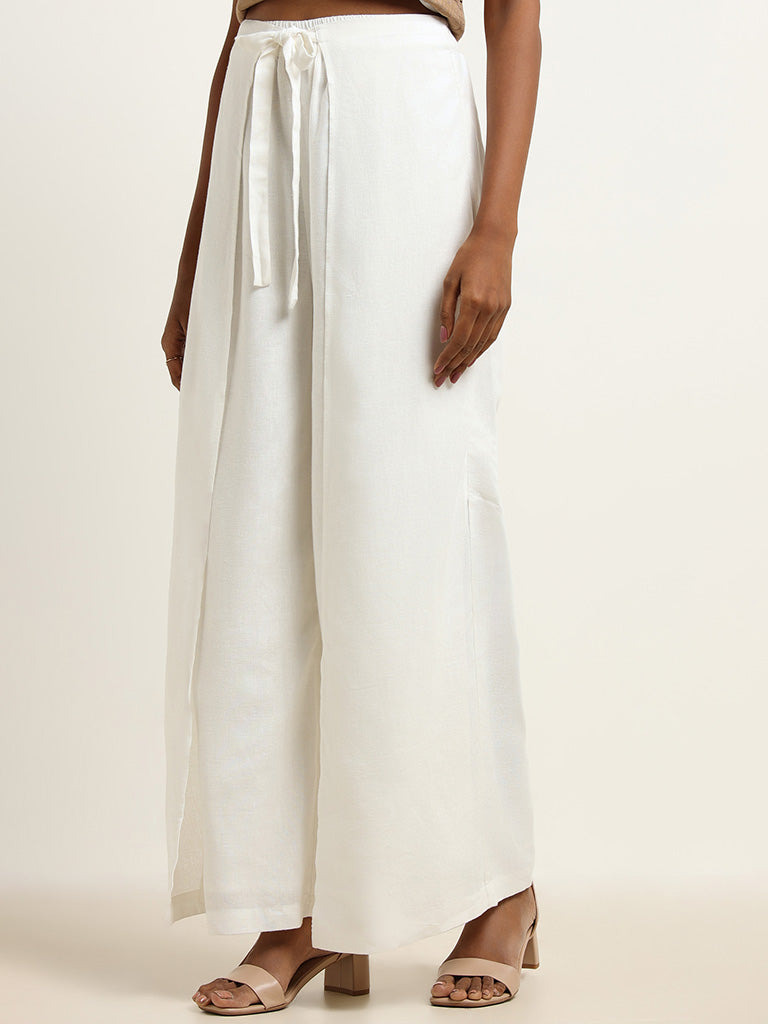 LOV White Tie up Cotton Wide Leg Pants