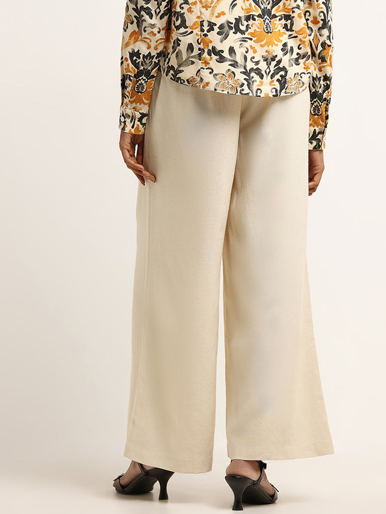 LOV Cream High Rise Cotton Wide-Leg Pants