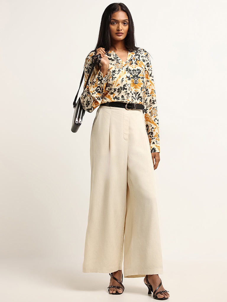 LOV Cream High Rise Cotton Wide-Leg Pants