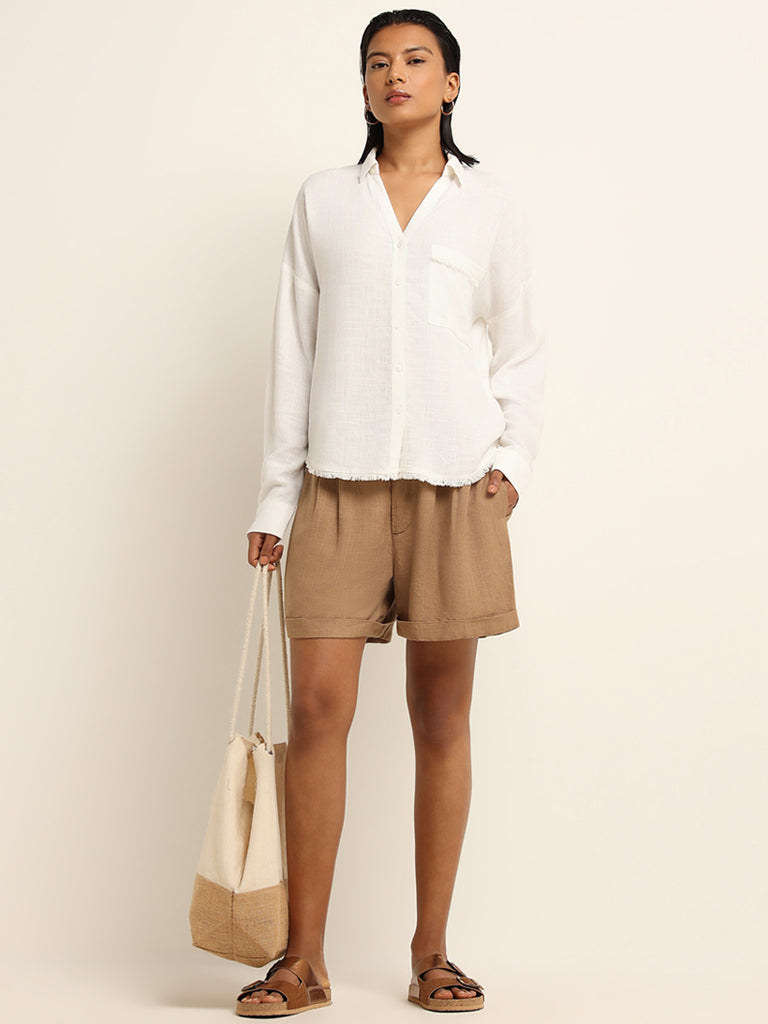 LOV Beige Mid Rise Blended Linen Shorts