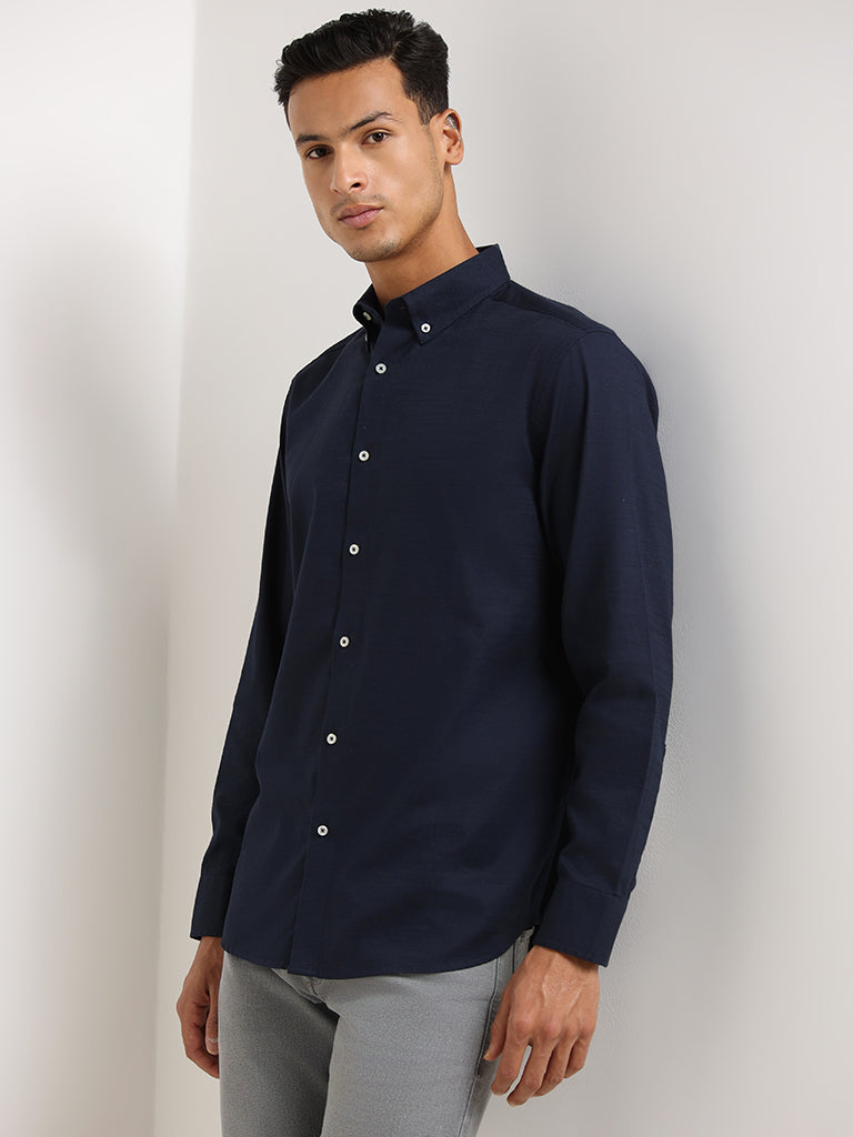 Ascot Navy Cotton Relaxed Fit Shirt