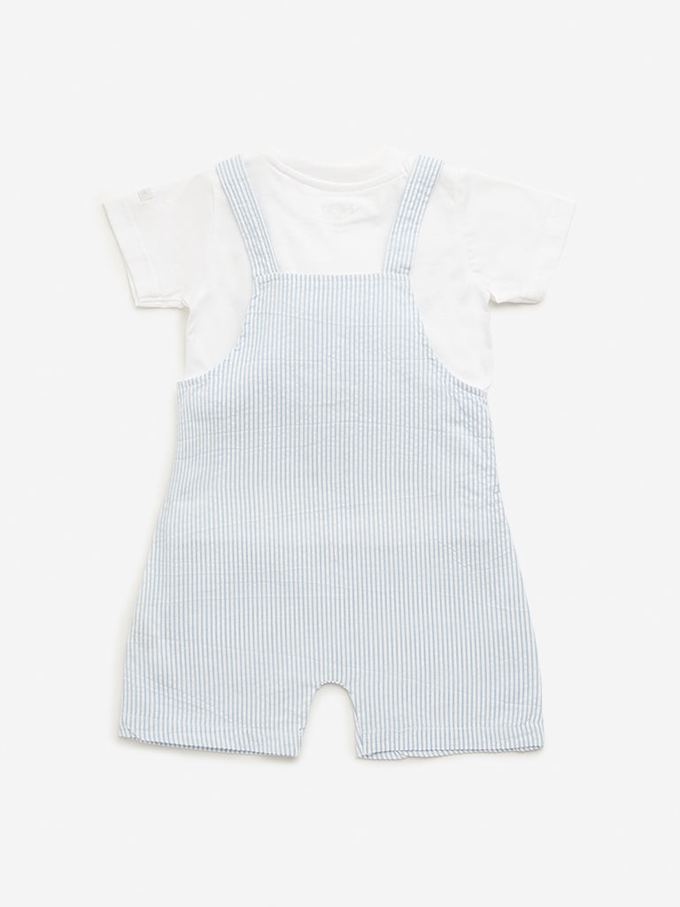 HOP Baby Blue Striped Dungaree with T-Shirt Set