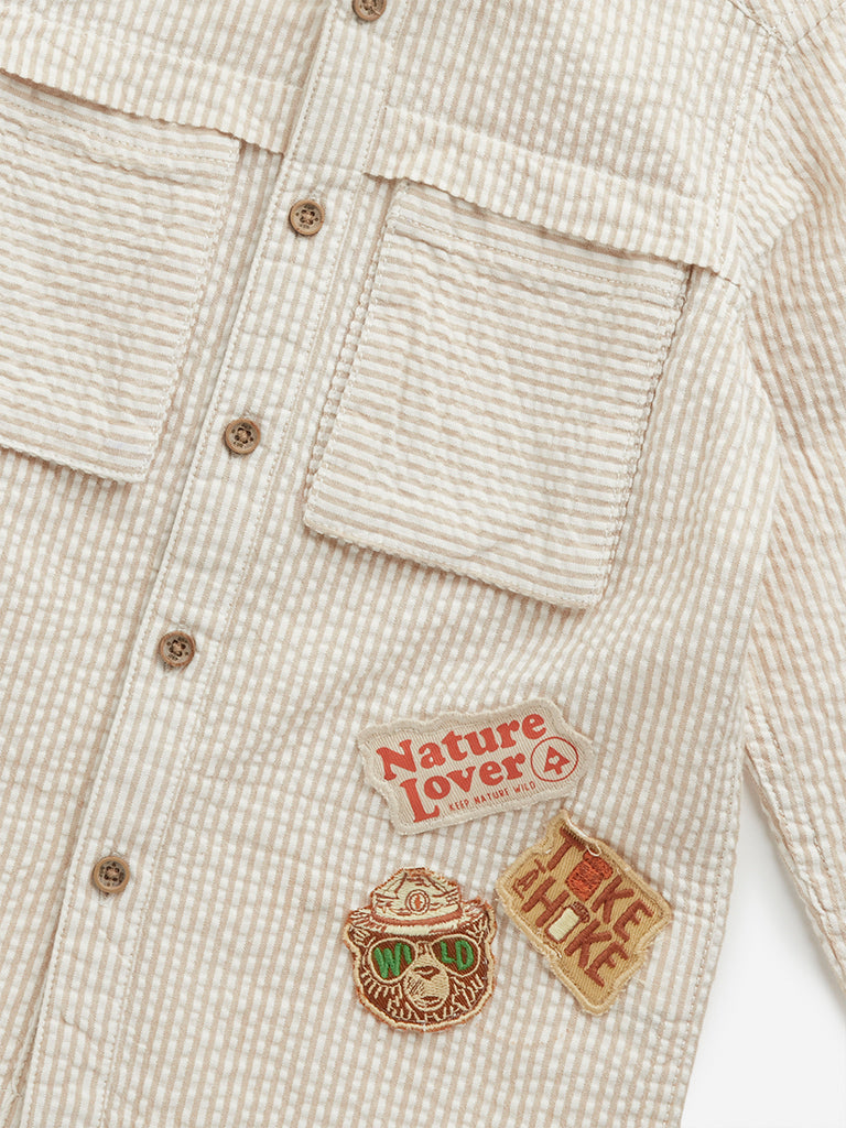 HOP Kids Beige Striped Hooded Jacket