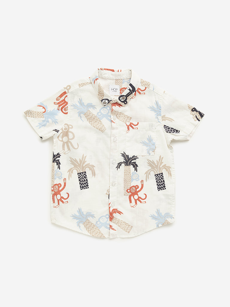 HOP Kids Beige Monkey Printed Shirt