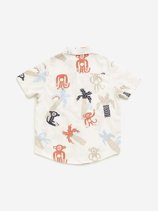 HOP Kids Beige Monkey Printed Shirt