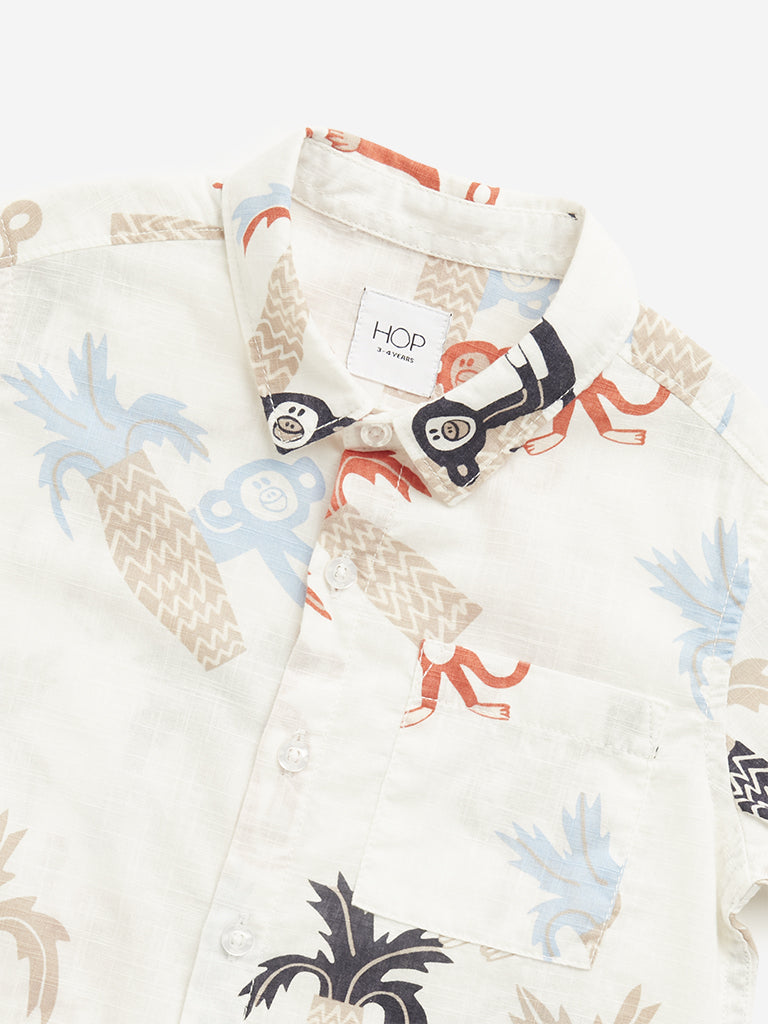 HOP Kids Beige Monkey Printed Shirt