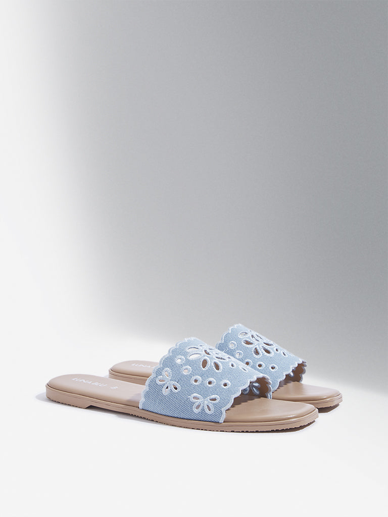 LUNA BLU Blue Schiffli Denim Band Slides