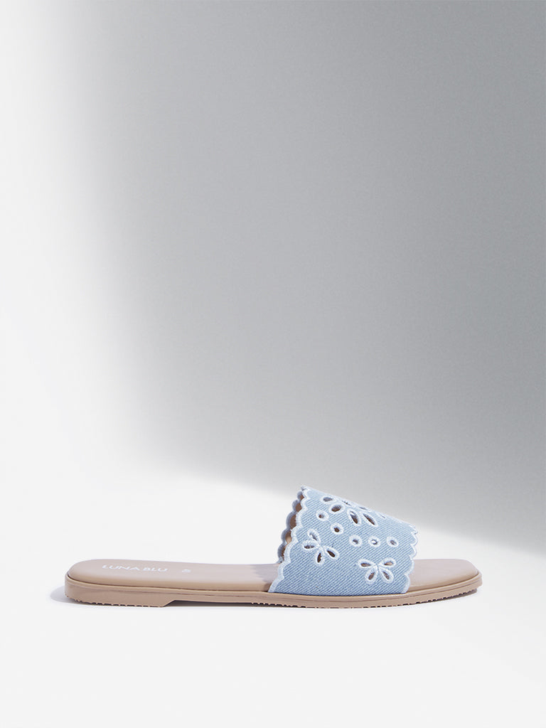 LUNA BLU Blue Schiffli Denim Band Slides