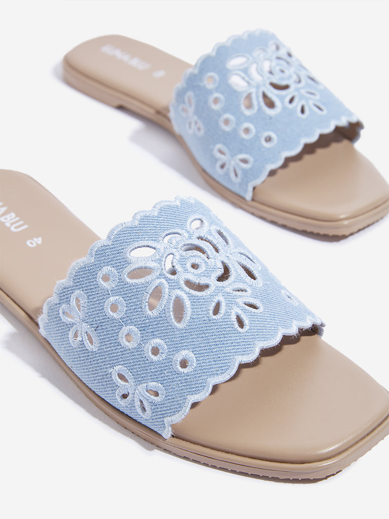 LUNA BLU Blue Schiffli Denim Band Slides