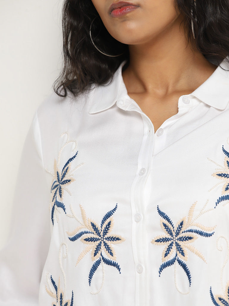 Gia White Floral Embroidered Cotton High-Low Shirt