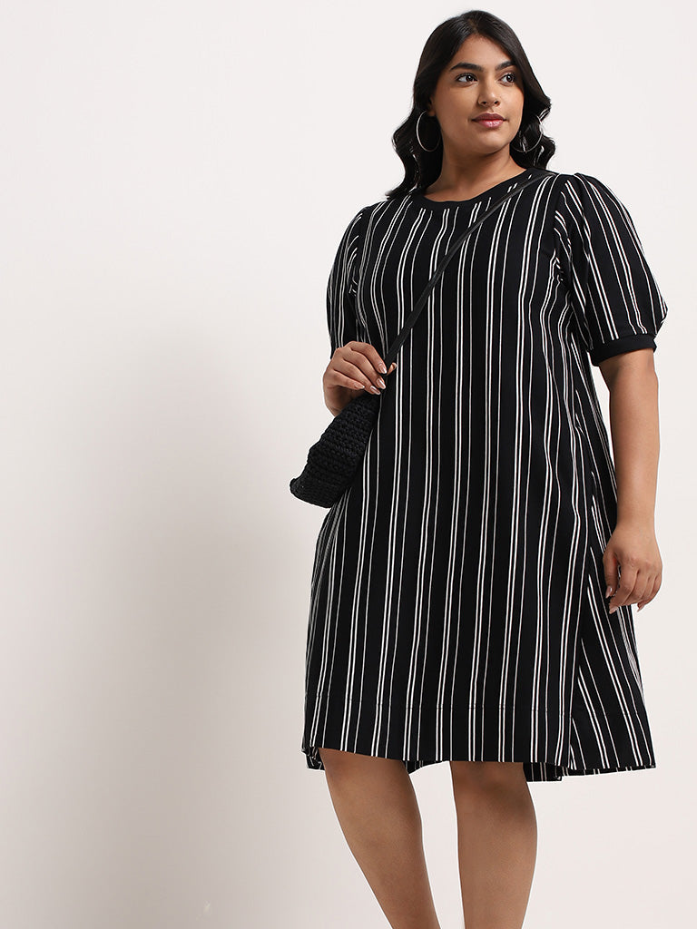 Gia Black Striped Cotton A-Line Dress