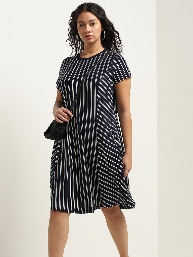 Gia Navy Striped Design Straight Dress