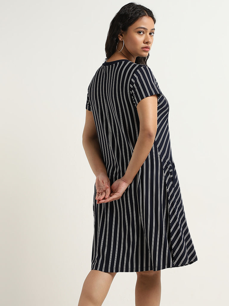 Gia Navy Striped Design Straight Dress