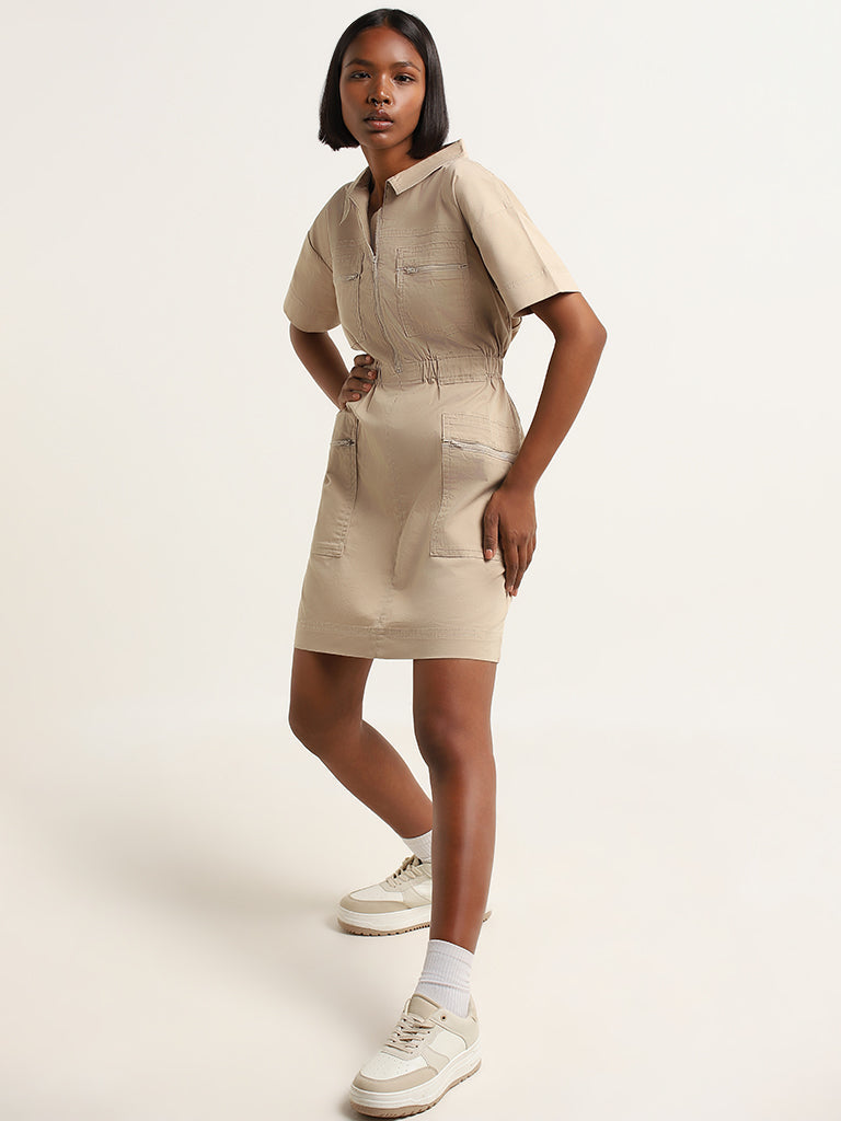 Nuon Beige Cotton Blend Cargo Straight Shirt Dress