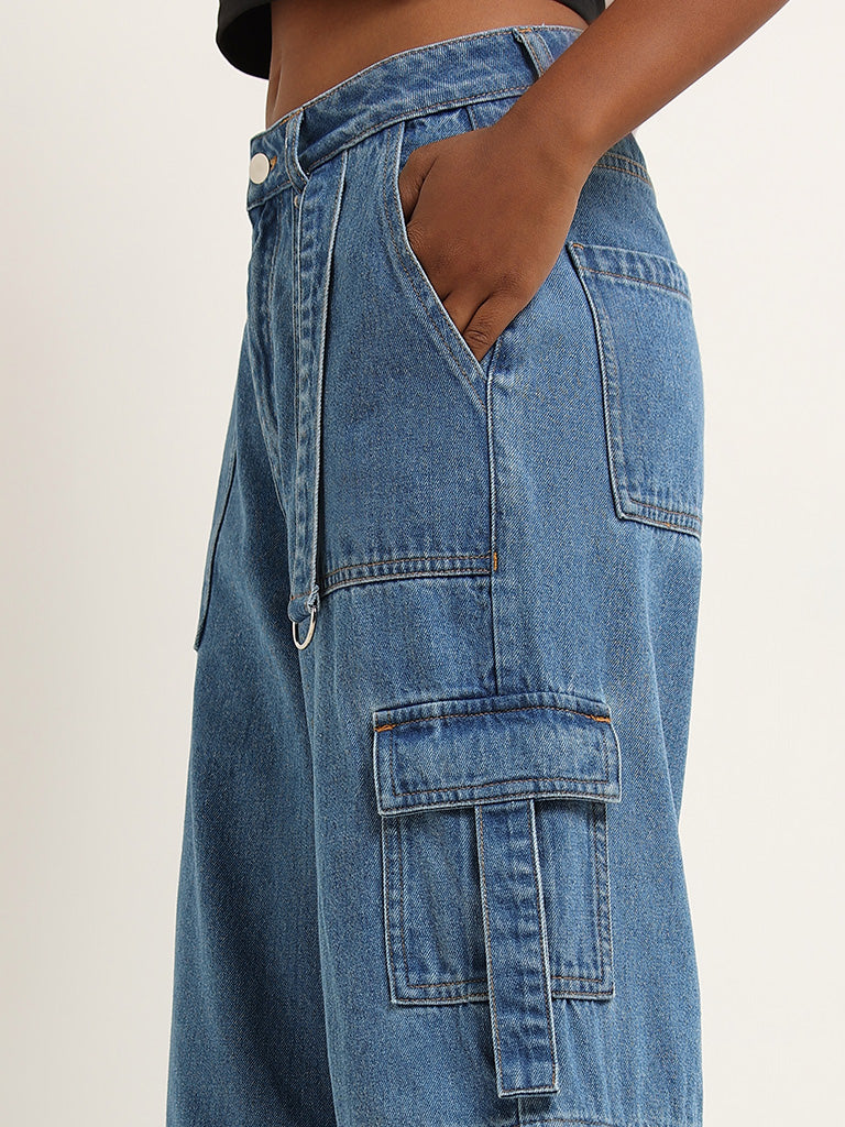 Nuon Blue Detachable Cargo Relaxed Fit High Rise Denim Jeans