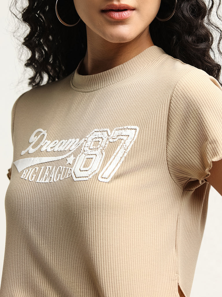 Nuon Beige Printed Cotton Crop T-Shirt