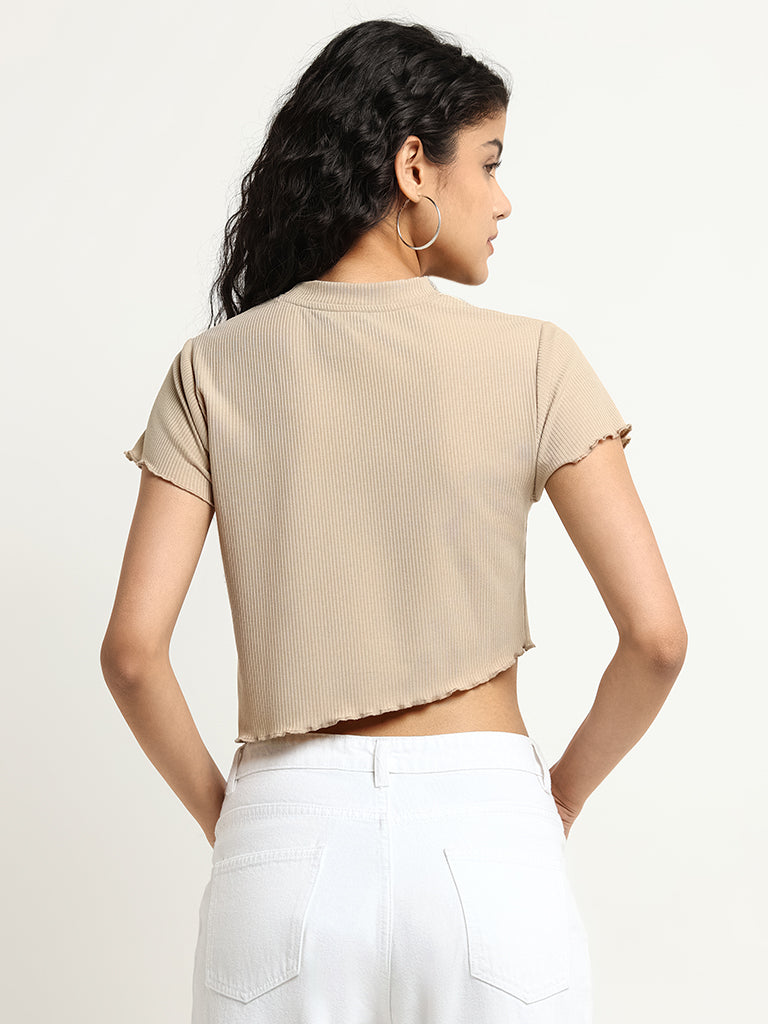 Nuon Beige Printed Cotton Crop T-Shirt