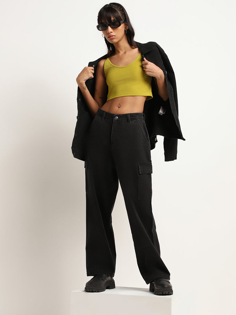 Nuon Green Ribbed Strappy Crop Top