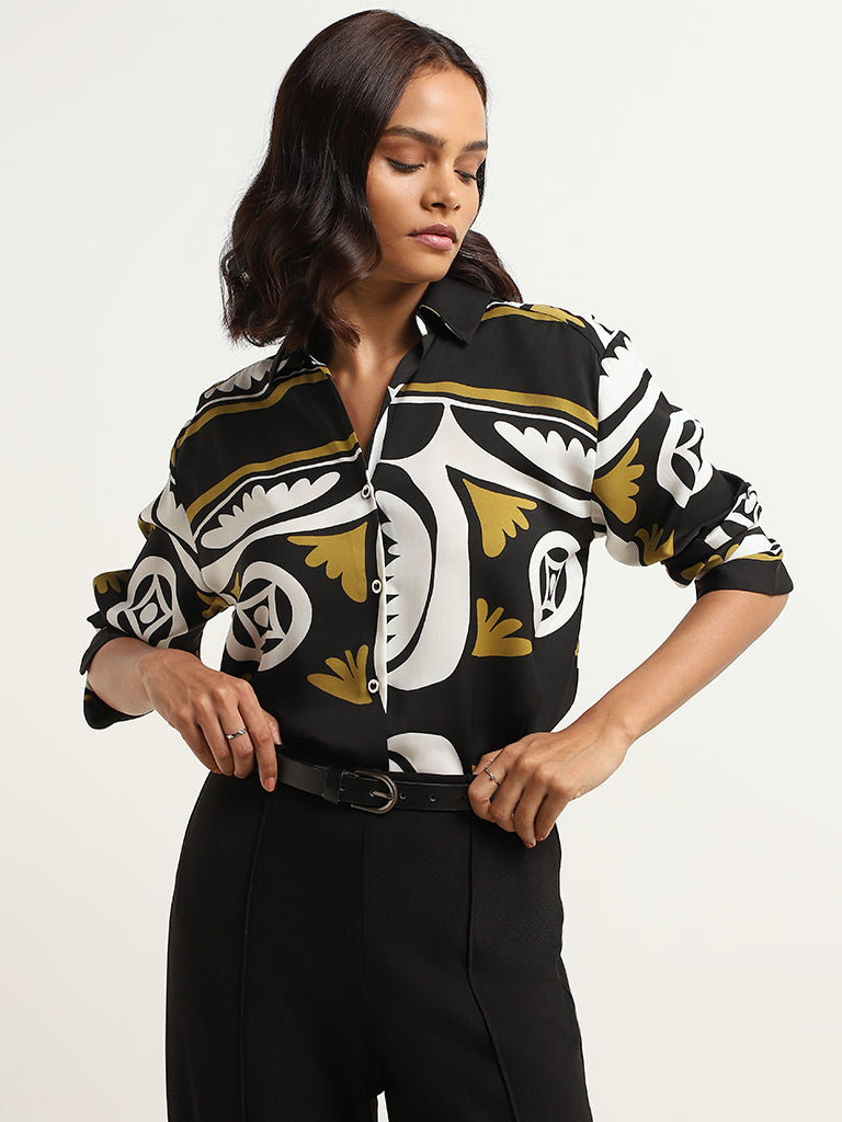 Wardrobe Black Satin Abstract Print Shirt