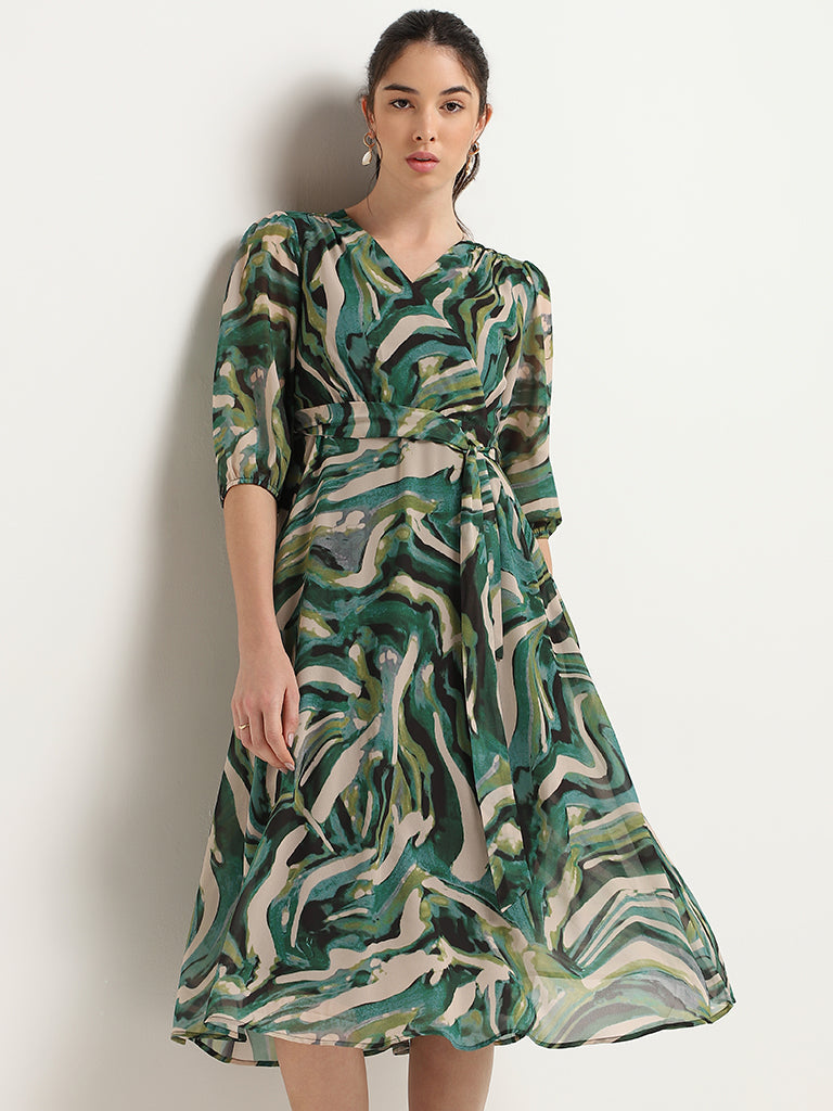 Wardrobe Green Abstract Print Midi Dress with Belt