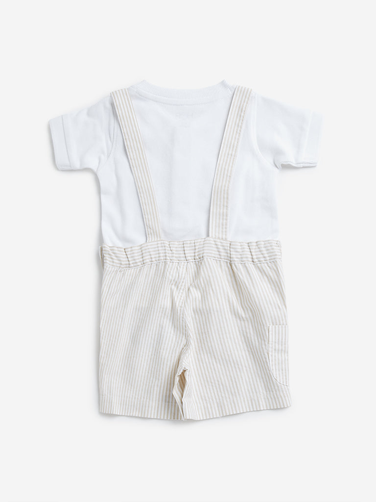 HOP Baby Beige Striped Dungaree with T-Shirt Set