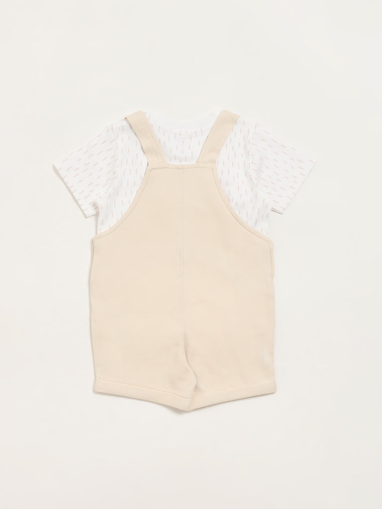 HOP Baby Beige Embroidered Dungaree with T-Shirt Set