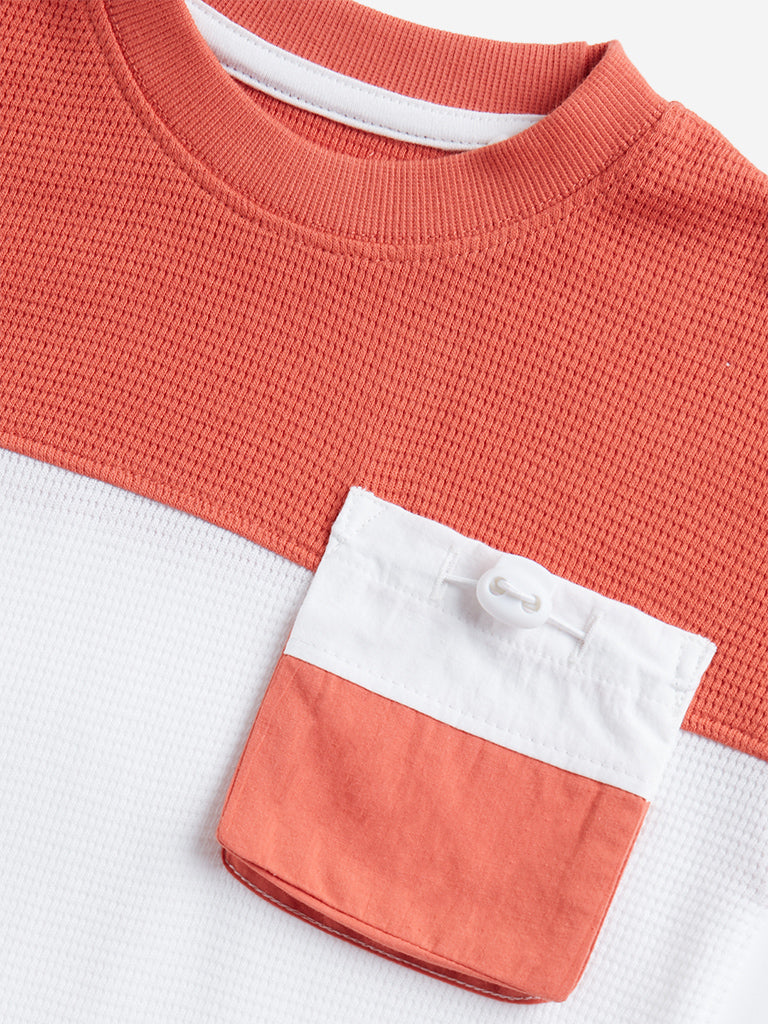 HOP Kids Dusty Orange Colour blocked T-Shirt