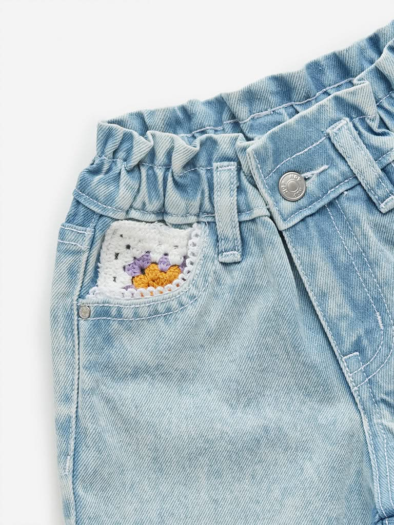 HOP Kids Blue High Rise Paper-Bag Shorts