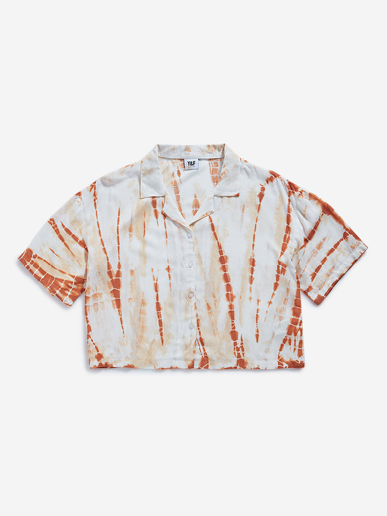 Y&F Kids Brown Tie-Dye Printed Cropped Shirt