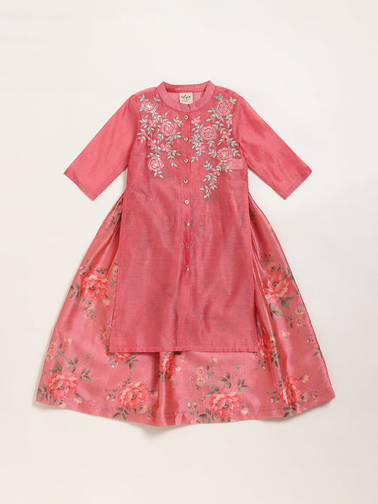 Utsa Kids Pink Floral Embroidered Kurta with Inner Set (2 - 8yrs)