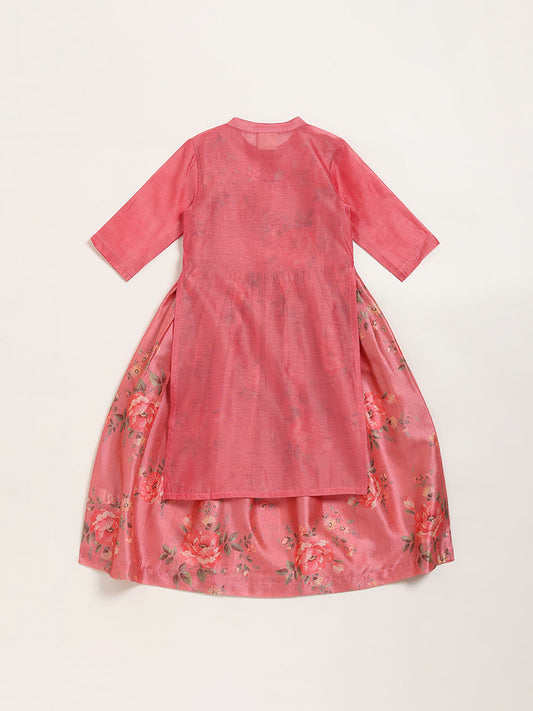 Utsa Kids Pink Floral Embroidered Kurta with Inner Set (2 - 8yrs)