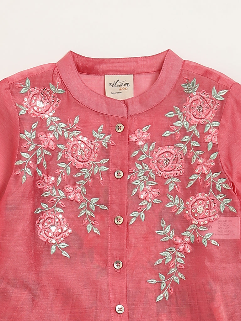 Utsa Kids Pink Floral Embroidered Kurta with Inner Set (2 - 8yrs)