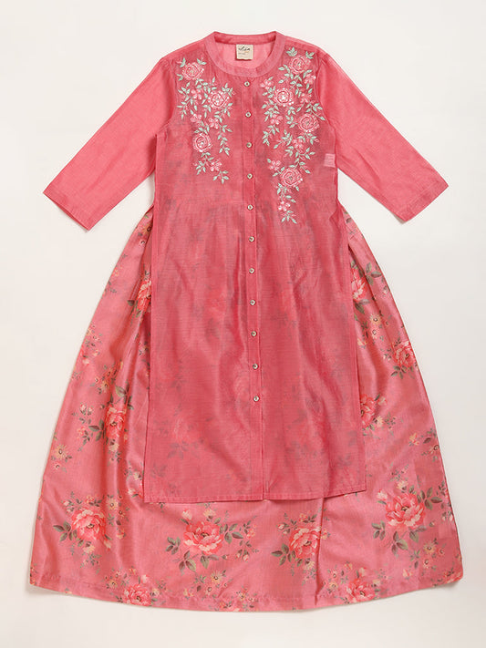 Utsa Kids Pink Floral Embroidered Kurta with Inner Set (8 -14yrs)