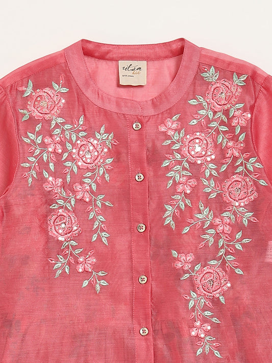 Utsa Kids Pink Floral Embroidered Kurta with Inner Set (8 -14yrs)