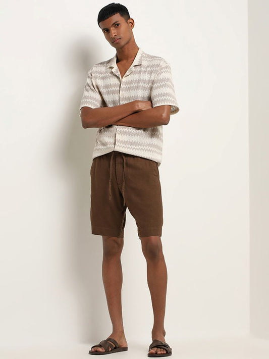 ETA Brown Cotton Blend Relaxed Fit Mid-Rise Shorts