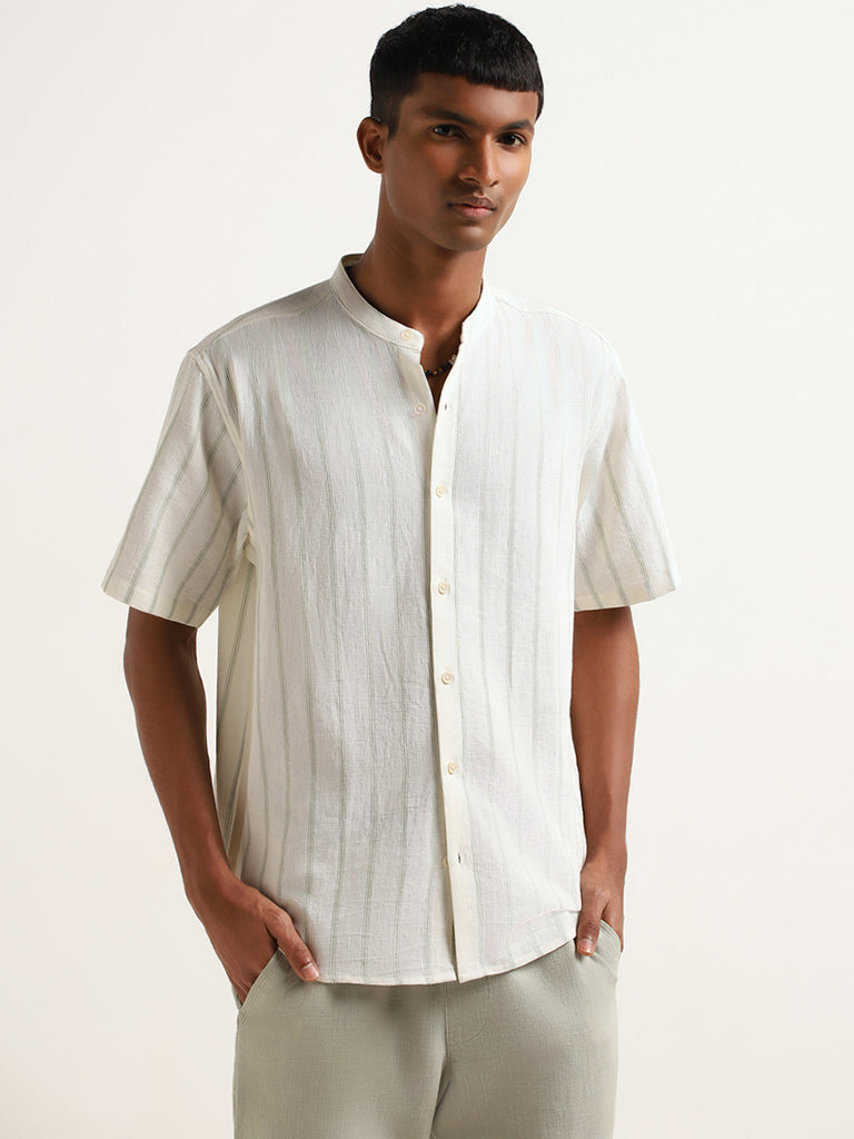 ETA Off-White Striped Cotton Resort Fit Grandad Shirt