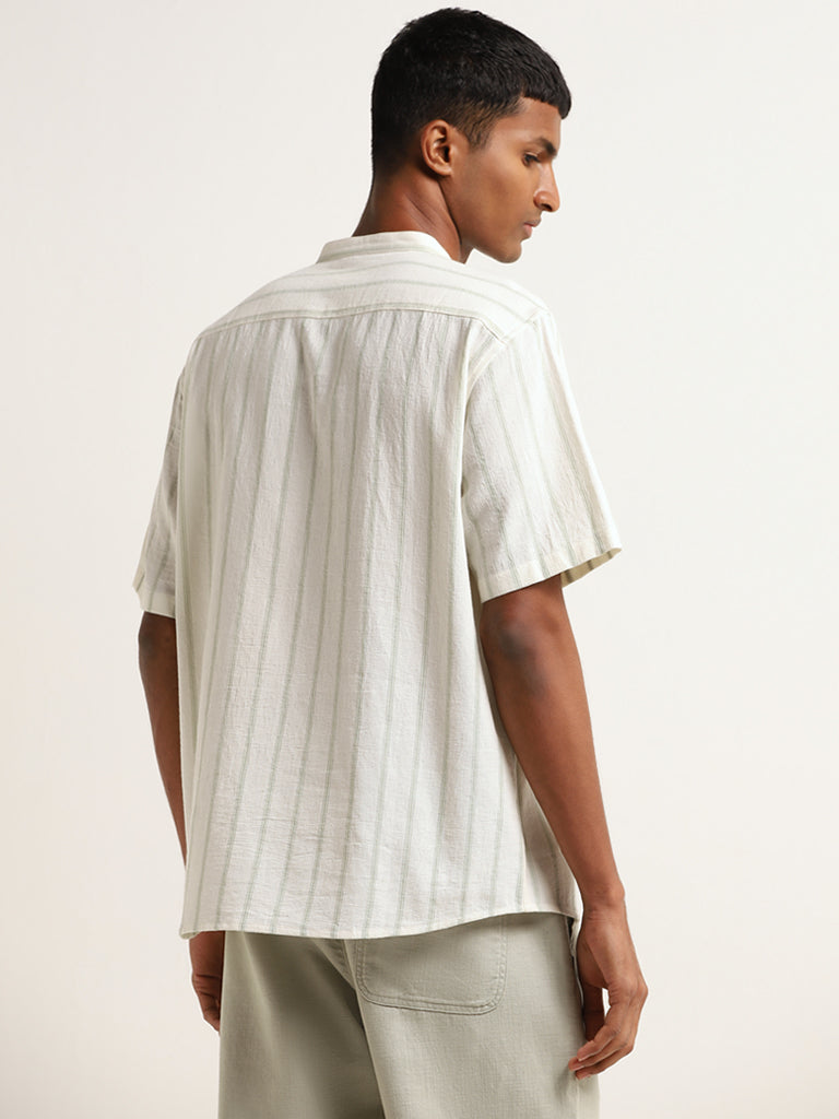 ETA Off-White Striped Cotton Resort Fit Grandad Shirt