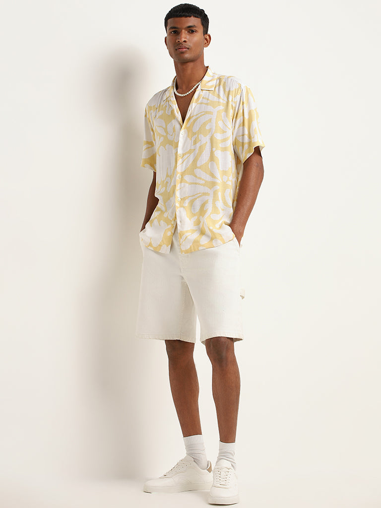 Nuon Yellow Relaxed Fit Printed Blended Linen Shirt