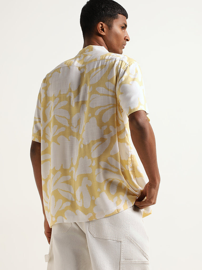 Nuon Yellow Relaxed Fit Printed Blended Linen Shirt