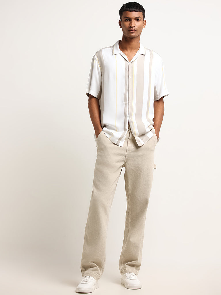 Nuon White Relaxed Fit Striped Shirt