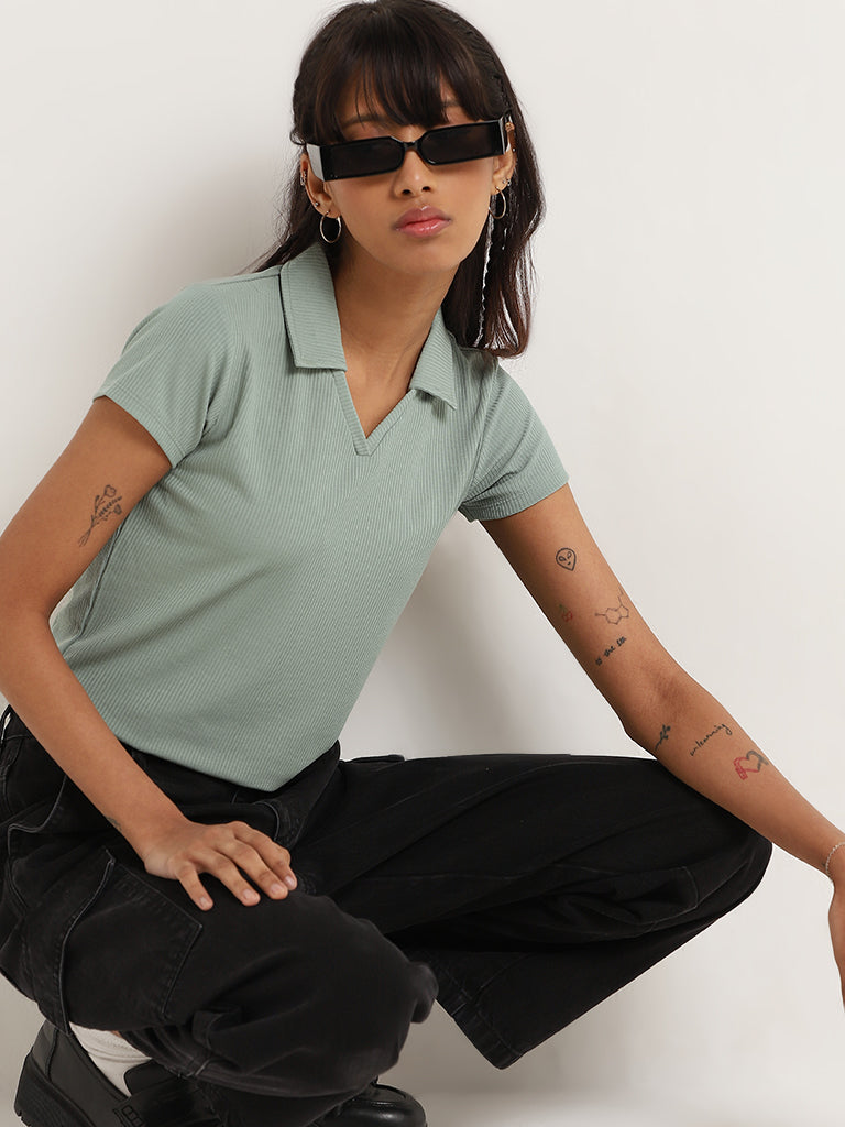 Nuon Green Ribbed Polo Neck T-Shirt